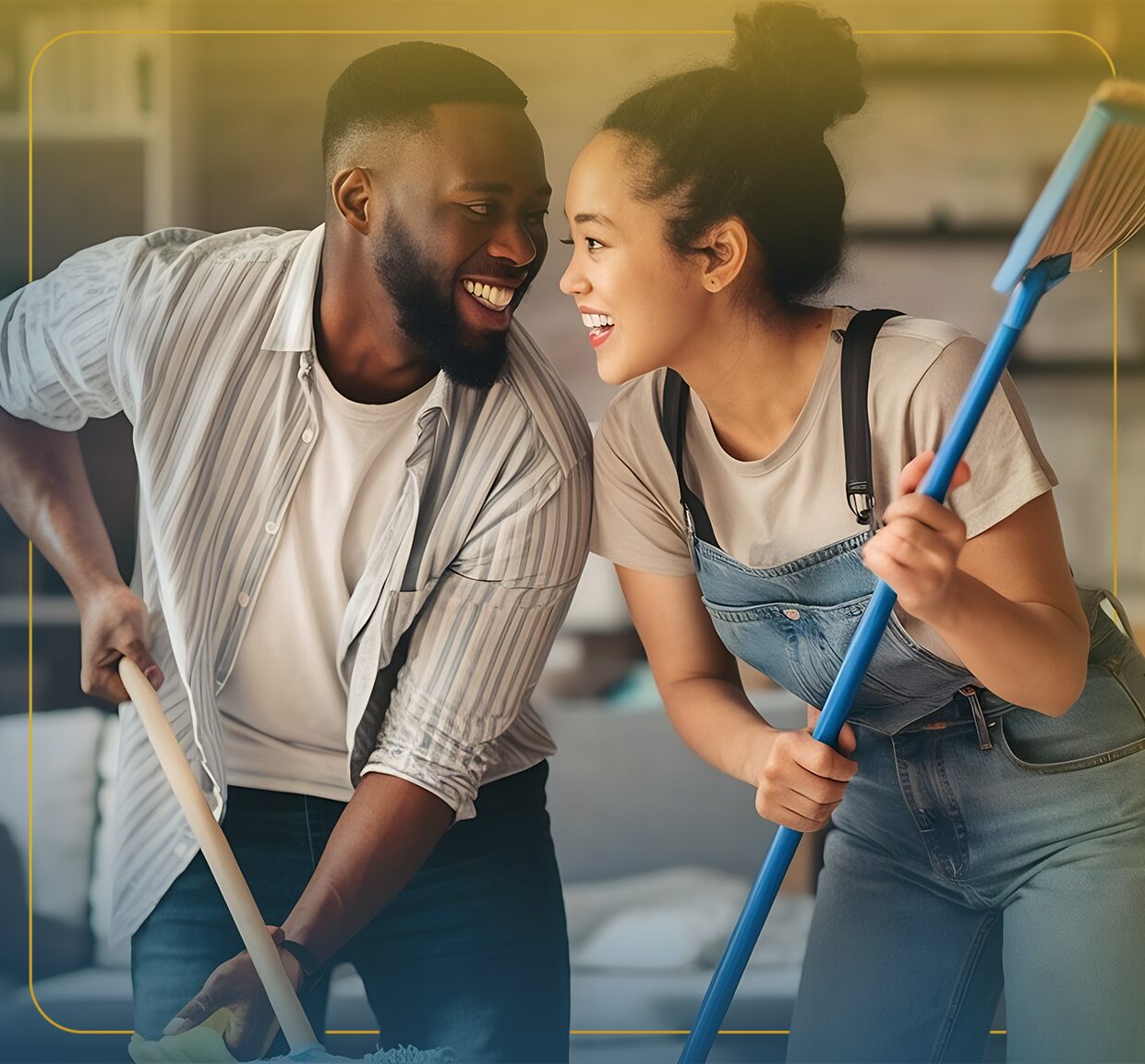 A young couple laughs together as the man lifts up the woman, who is painting the wall with a long roller.